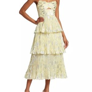 Self-Portrait Metallic Jacquard Midi Dress in Yellow Sz 2